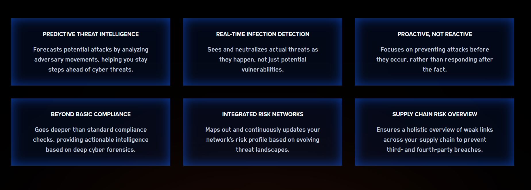 Cybersecurity website feature cards with glowing blue panels