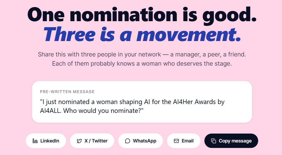 AI4Her campaign share module with pre-written nomination message