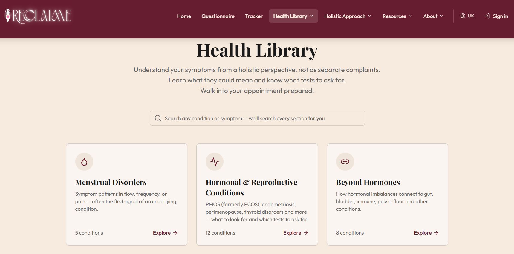 Reclaime Cycle health library page with condition cards